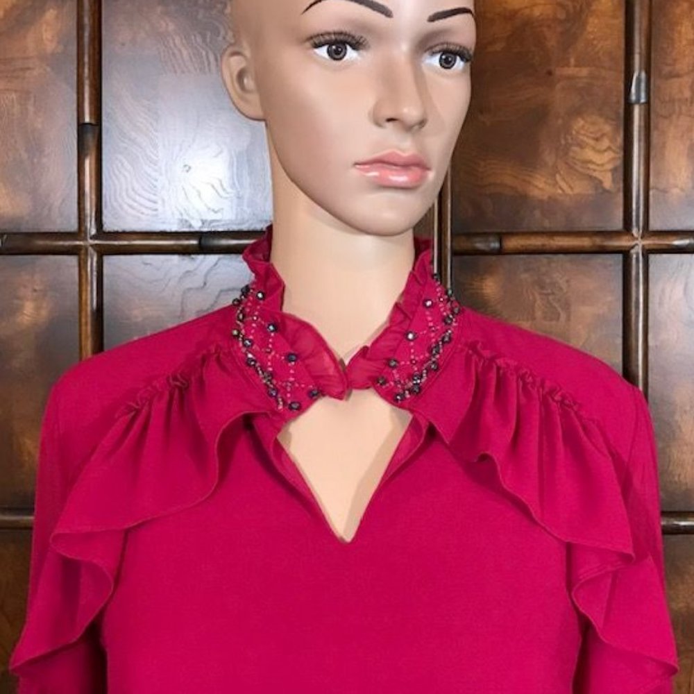 Magenta Ruffle Beaded Collar Poet Sleeve Chiffon … - image 6